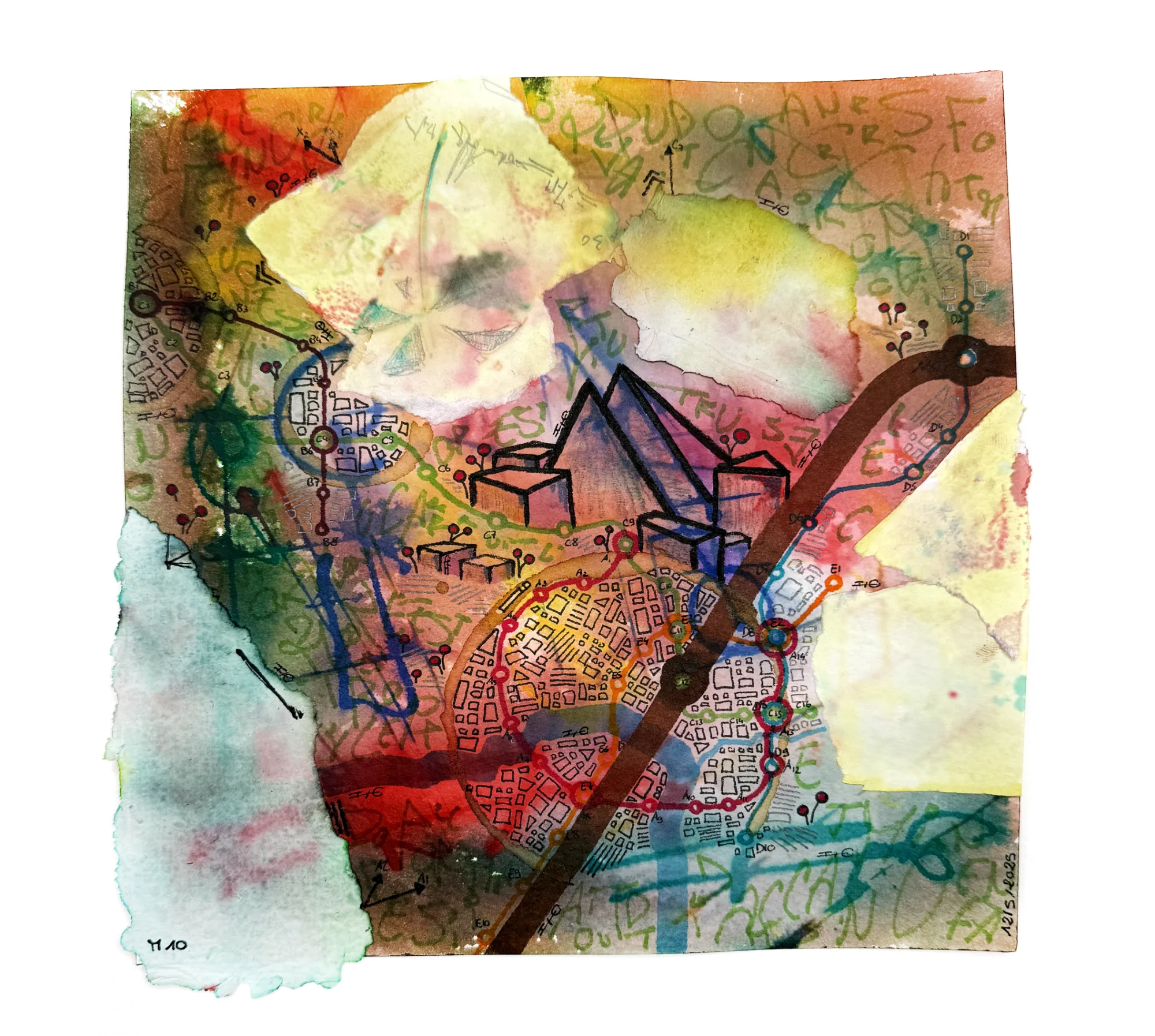 Ligne M n°10, Encre & collage sur papier, Paris, 2025 — dessin de Tristan Alexandre
