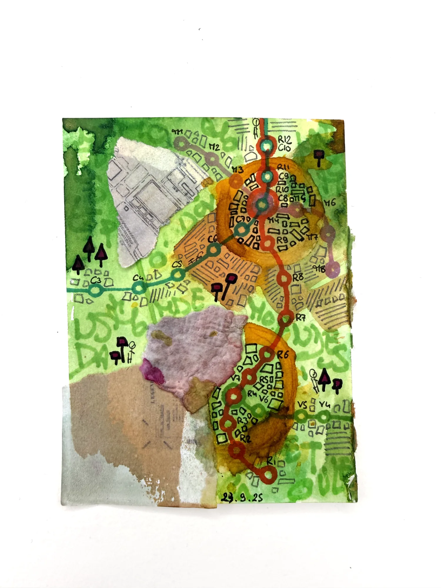 Ligne M n°29, Encre & collage sur papier, Paris, 2025 — dessin de Tristan Alexandre