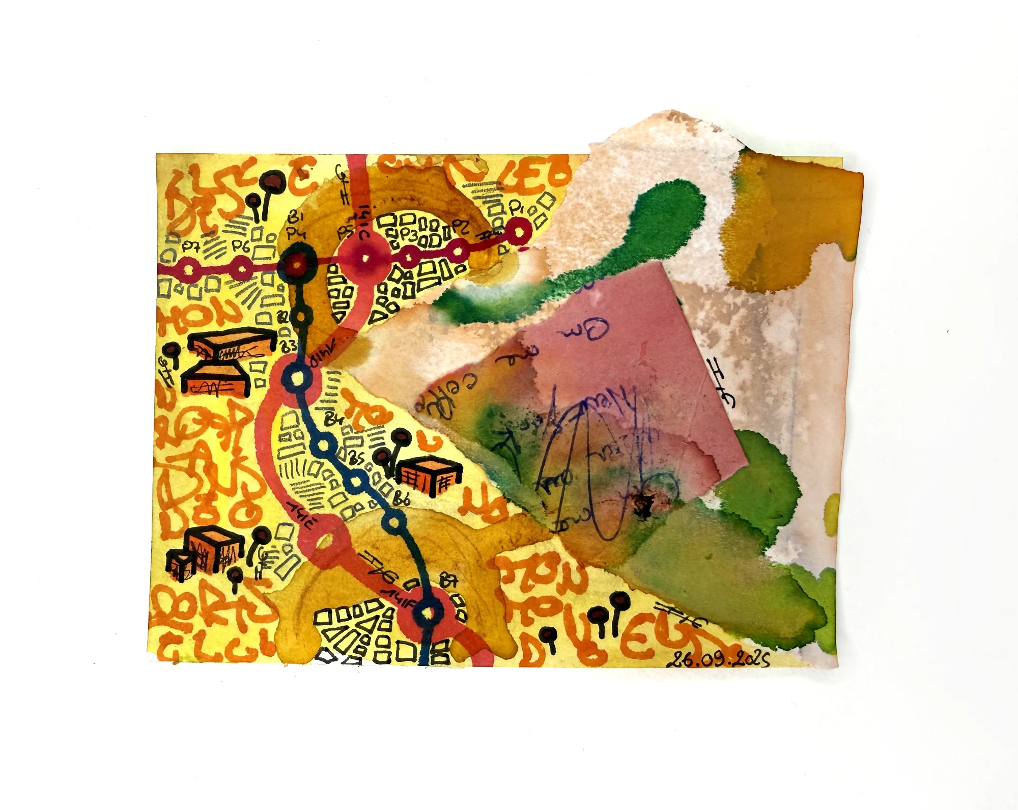 Ligne M n°36, Encre & collage sur papier, Paris, 2025 — dessin de Tristan Alexandre