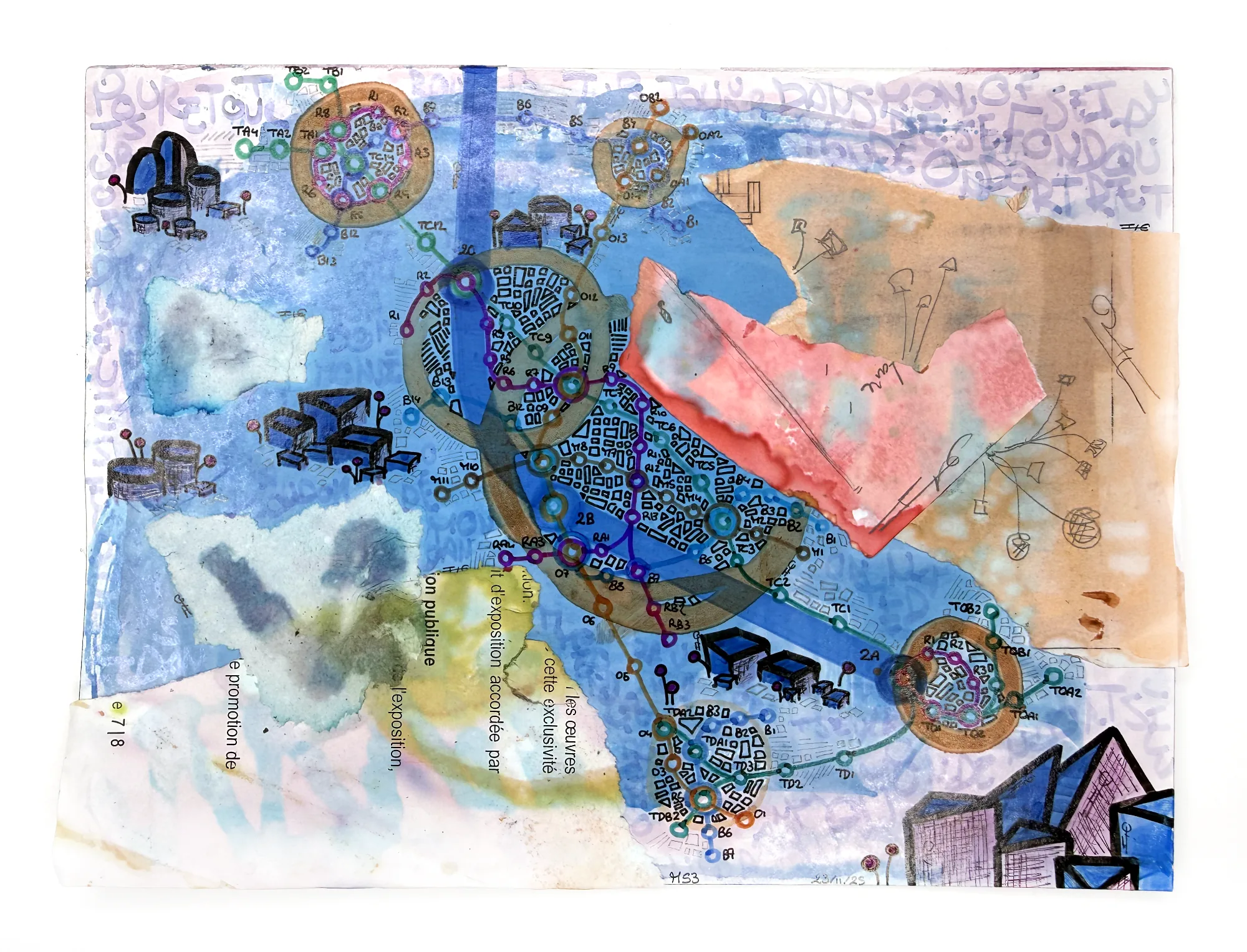 Ligne M n°53, Encre & collage sur papier, Paris, 2026 — dessin de Tristan Alexandre