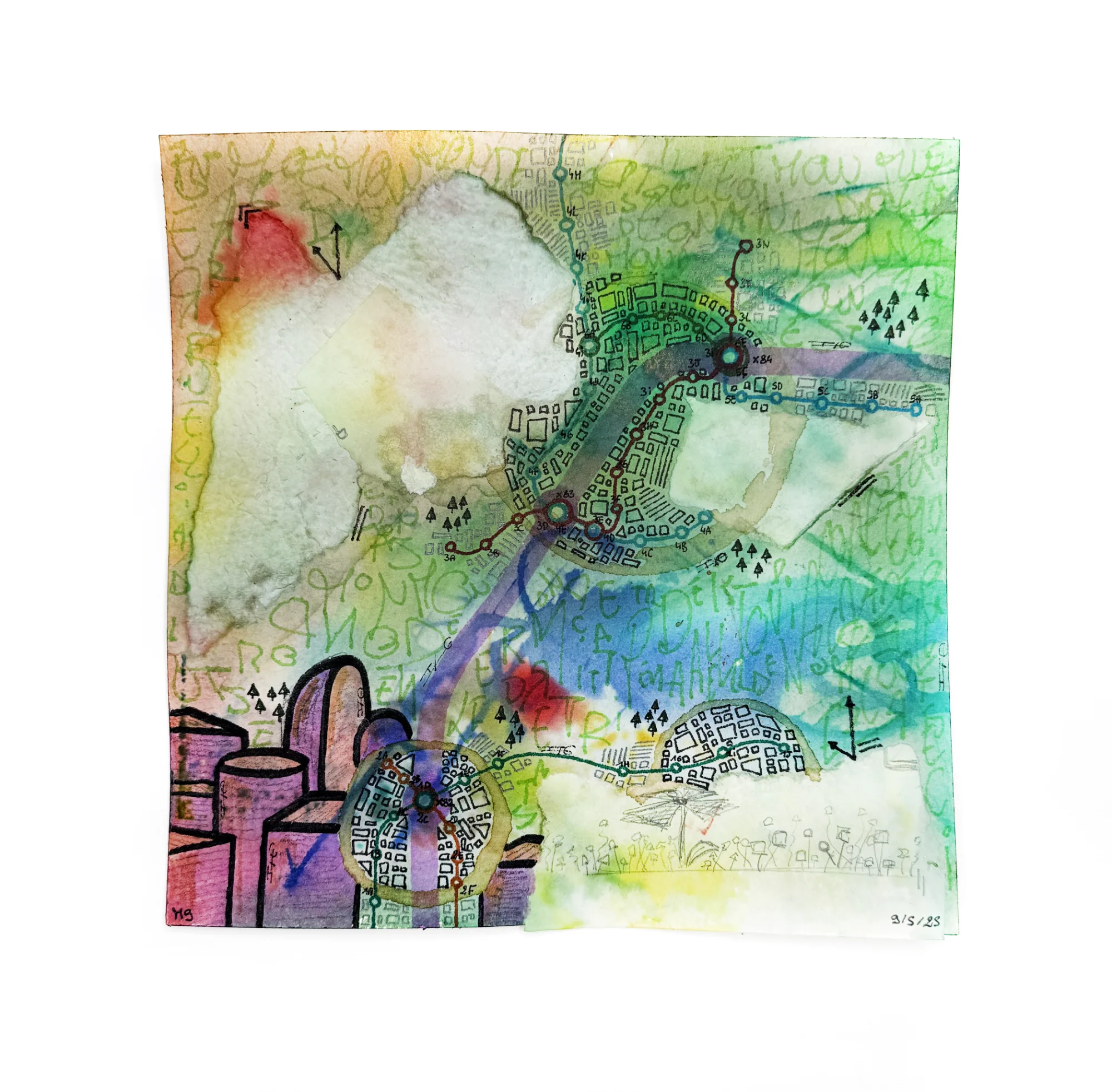 Ligne M n°9, Encre & collage sur papier, Paris, 2025 — dessin de Tristan Alexandre