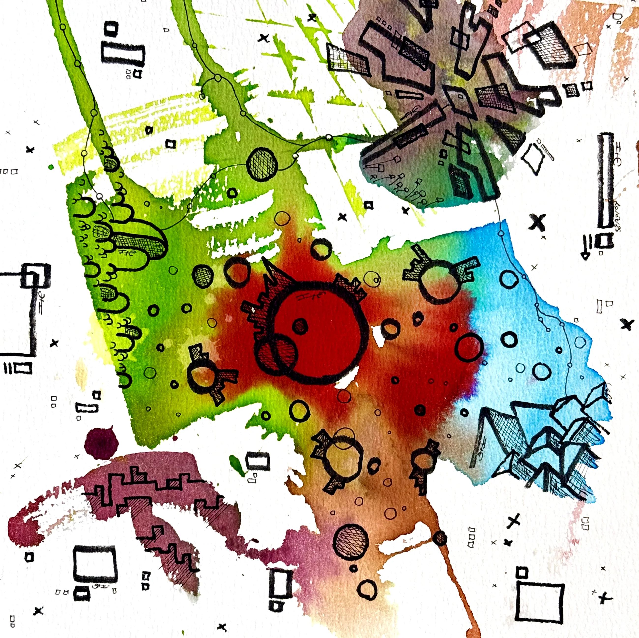 Dislocation n°C4, Aquarelles sur papier, 2025 — dessin de Tristan Alexandre