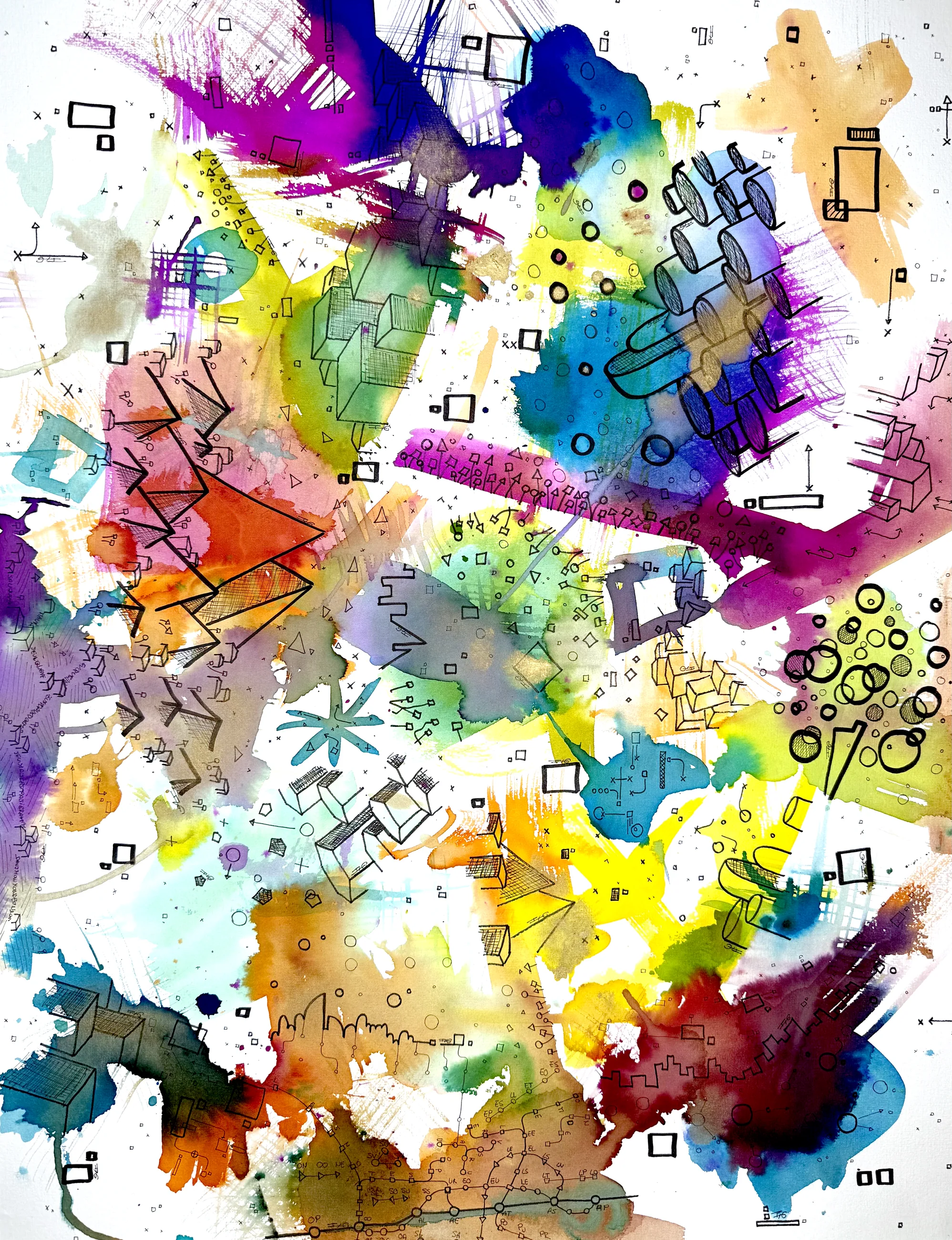 Dislocation n°M3, Aquarelles sur papier, 2025 — dessin de Tristan Alexandre