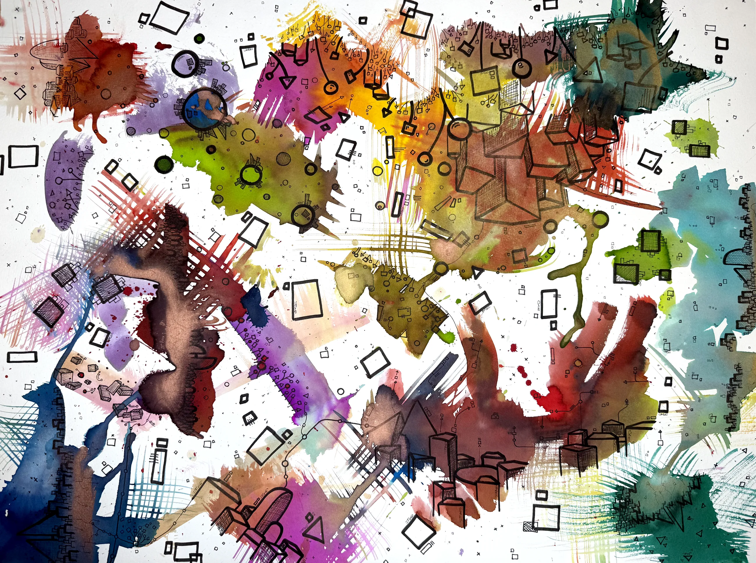 Dislocation n°M5, Aquarelles sur papier, 2025 — dessin de Tristan Alexandre