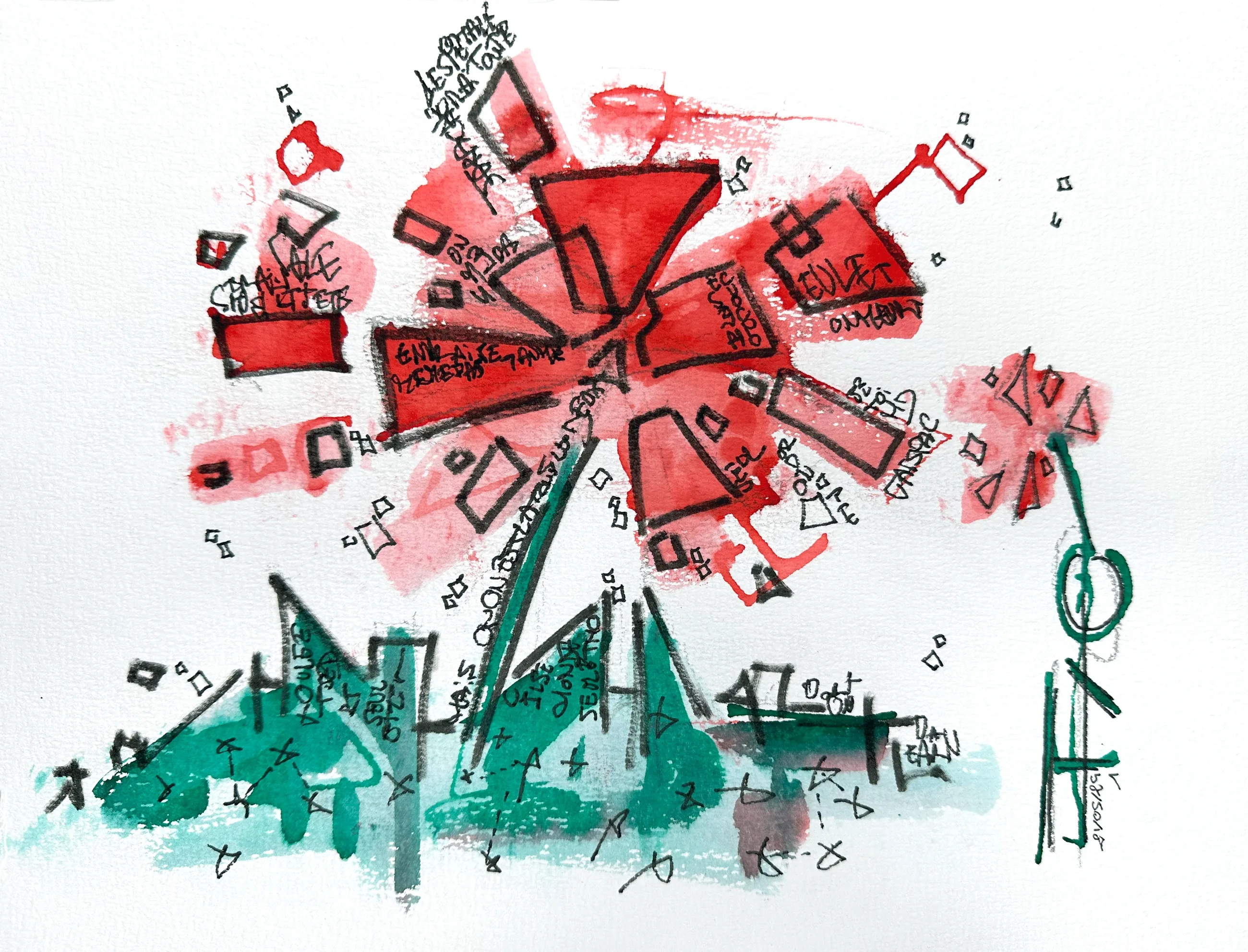 Les Fleurs Disloquées n°1, Encre sur papier, 2024 — dessin de Tristan Alexandre