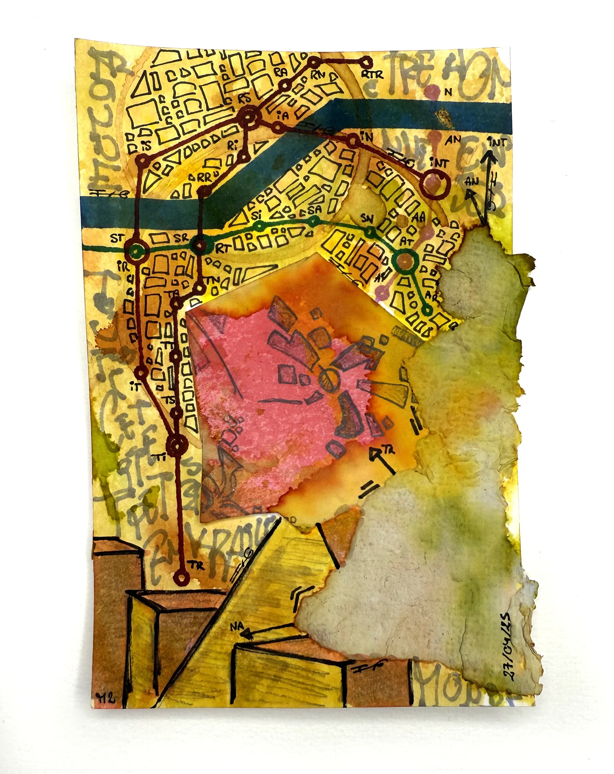 Ligne M n°2, Encre & collage sur papier, Paris, 2025 — dessin de Tristan Alexandre