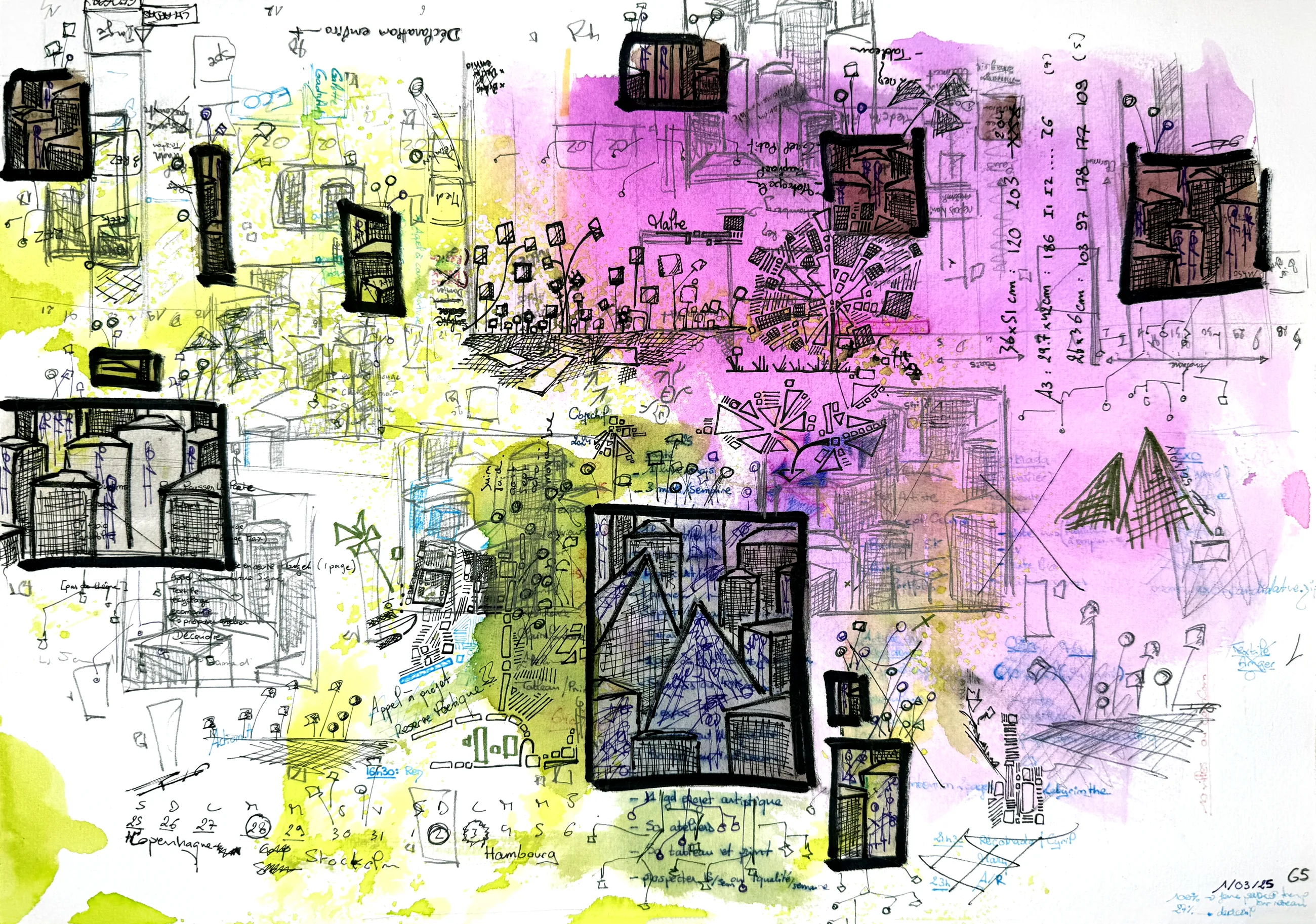 Les Notes pour Sauver le Monde n°G5, Encres, stylo et feutre sur papier, 2025 — dessin de Tristan Alexandre