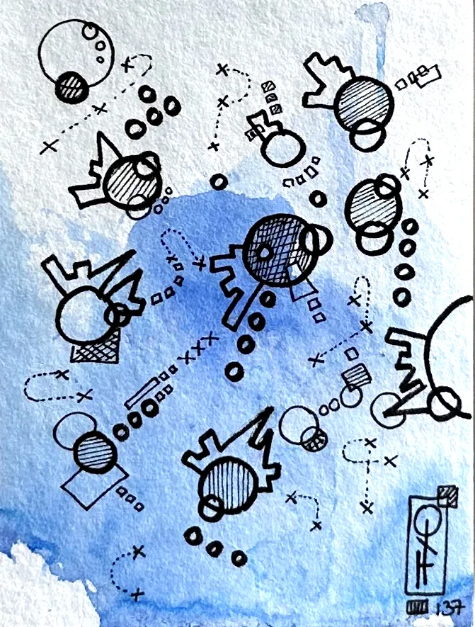 Les Poèmes Bleus n°137, Encre sur papier, 2022 – présent — dessin de Tristan Alexandre