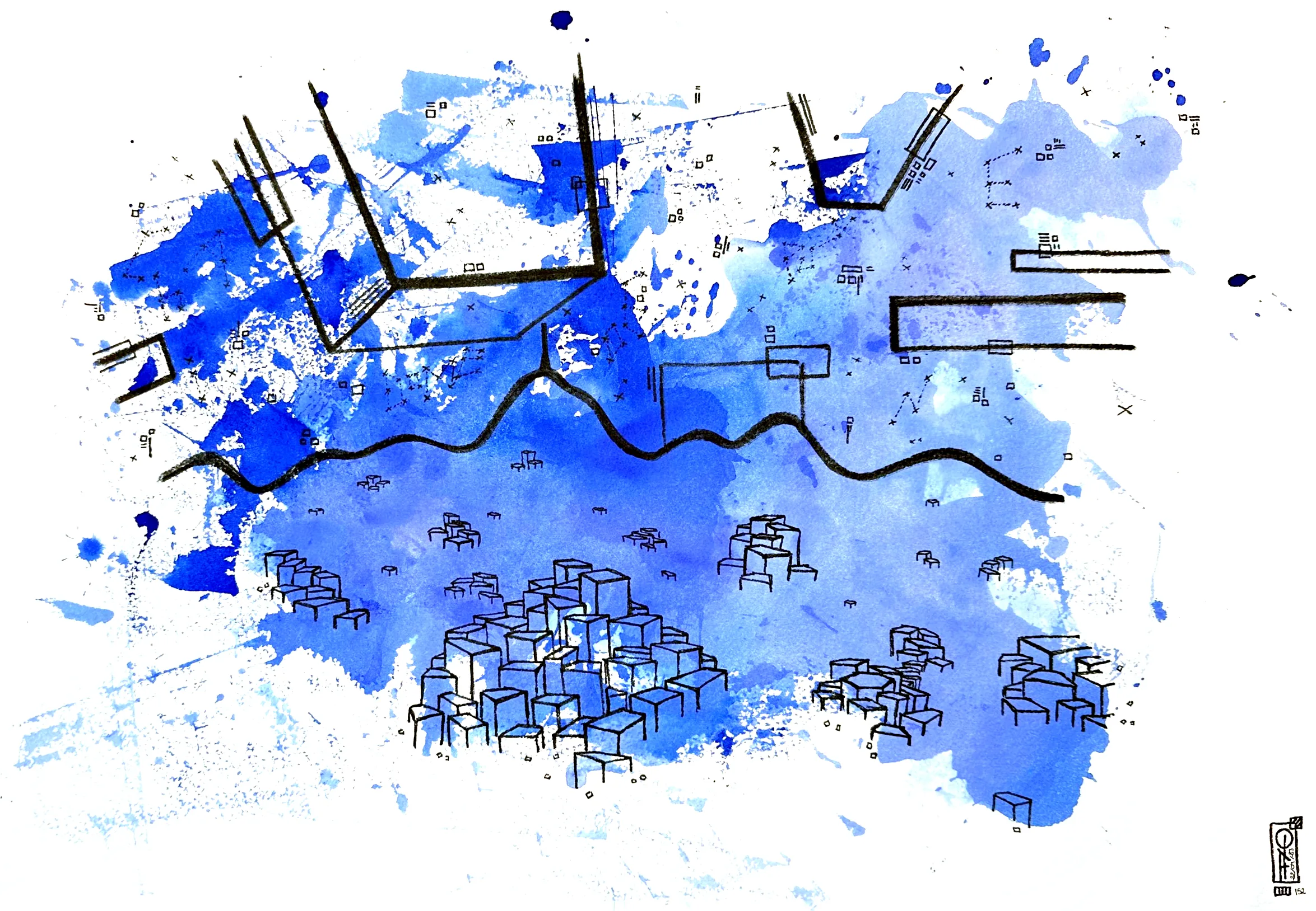 Les Poèmes Bleus n°152, Encre sur papier, 2022 – présent — dessin de Tristan Alexandre