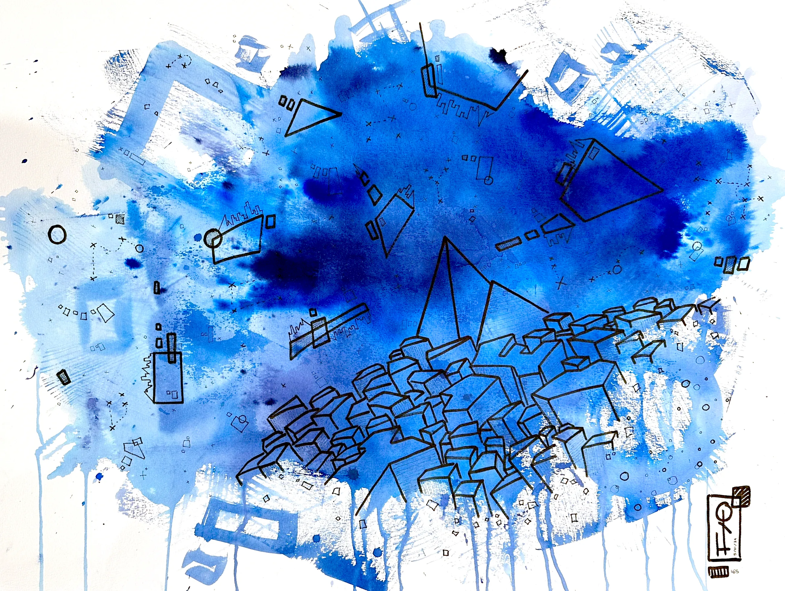 Les Poèmes Bleus n°165, Encre sur papier, 2022 – présent — dessin de Tristan Alexandre