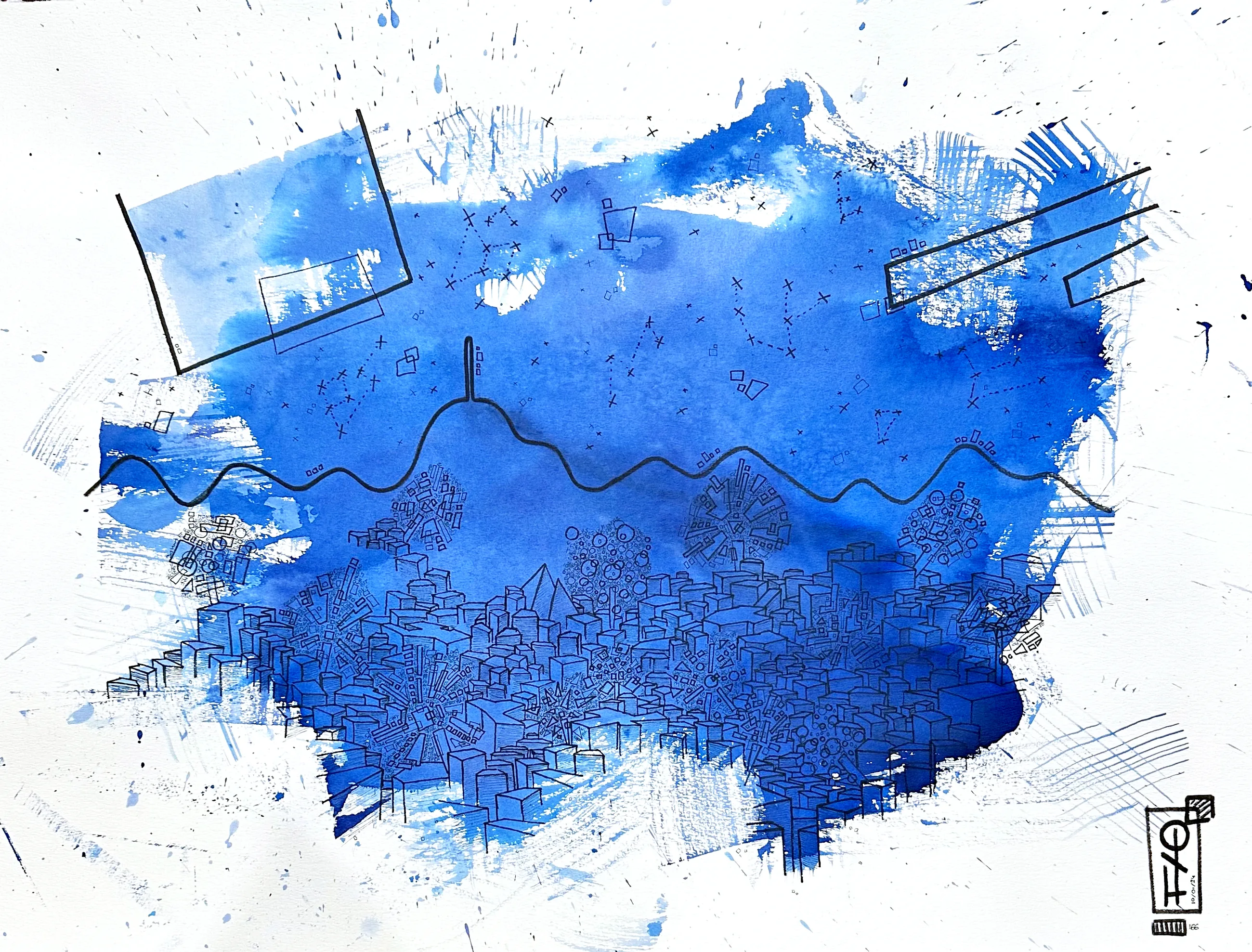 Les Poèmes Bleus n°166, Encre sur papier, 2022 – présent — dessin de Tristan Alexandre