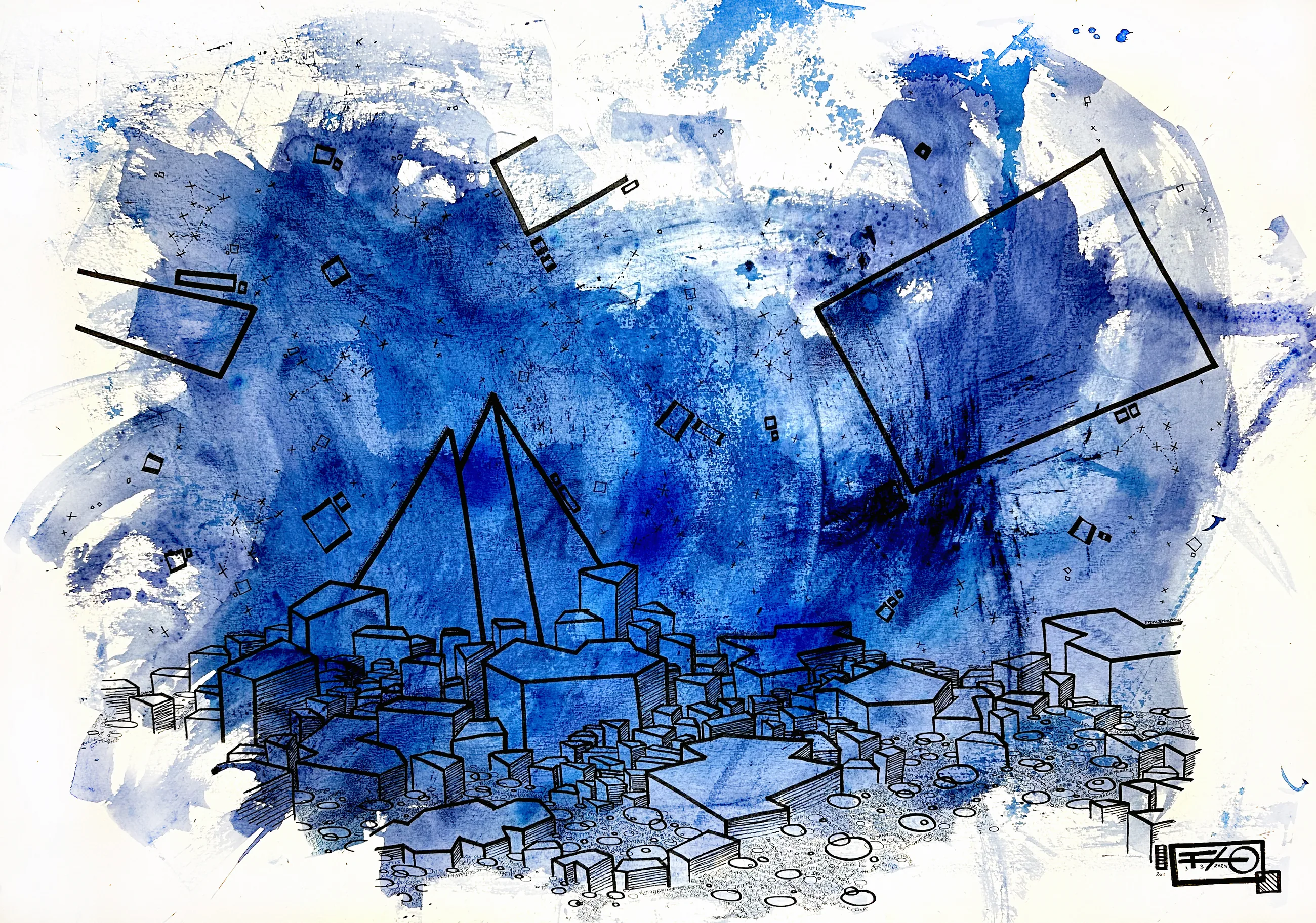 Les Poèmes Bleus n°201, Encre sur papier, 2022 – présent — dessin de Tristan Alexandre
