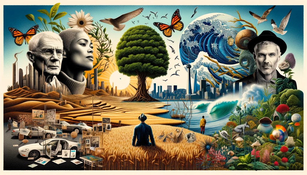  It visually encapsulates the themes and works of the five environmental artists - Joseph Beuys, Agnes Denes, Andy Goldsworthy, Chris Jordan, and Maya Lin, each represented by symbols of their significant works. The collage aims to reflect the harmony between art and environmental awareness.