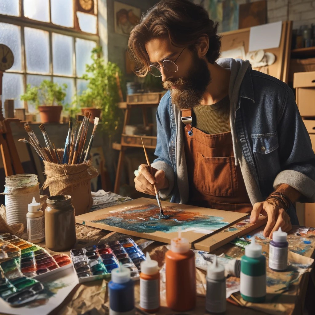 This image depicts a palette of natural earth pigments, showcasing a variety of colors derived from minerals, plants, and clays in an environmentally friendly artist's studio setting.