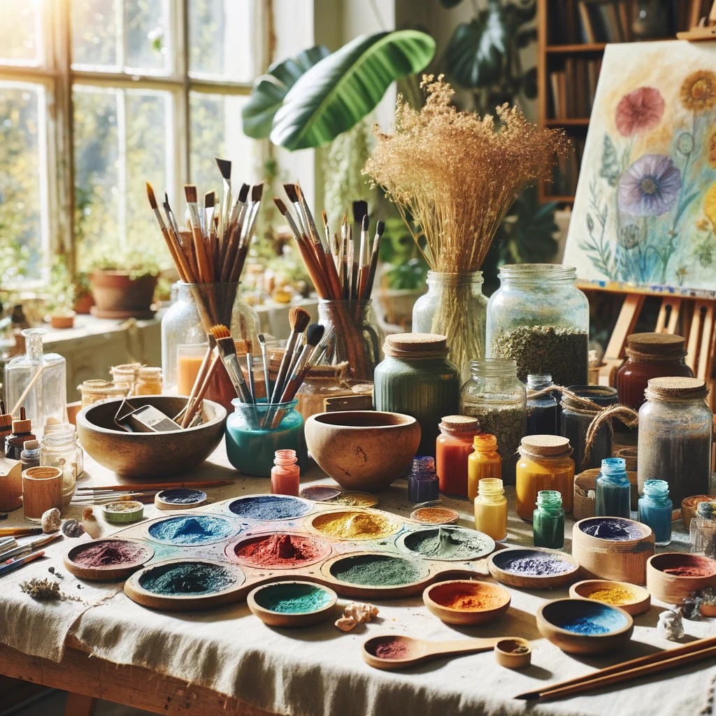 un espace de travail d'artiste dédié à la création de peintures DIY avec des pigments naturels. Cette image peut accompagner visuellement l'article sur les peintures DIY écologiques, en illustrant l'atmosphère créative et respectueuse de l'environnement de cette pratique artistique.